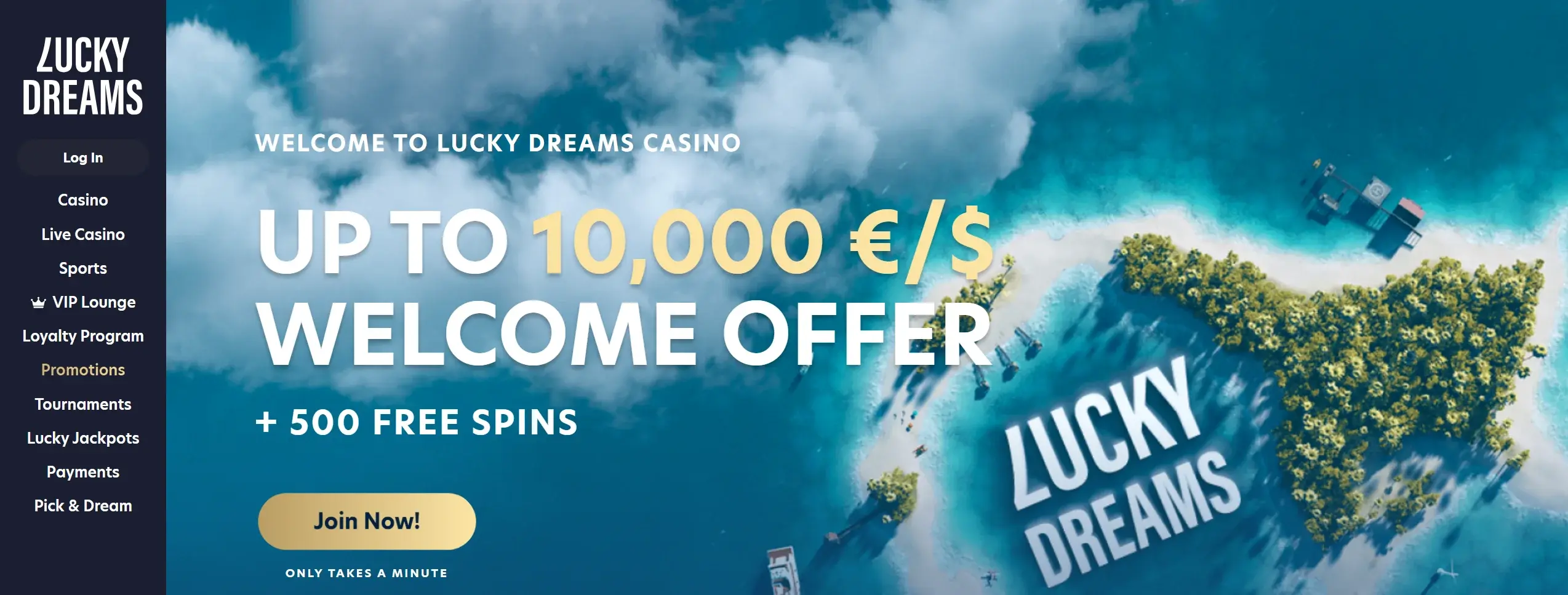 Lucky Dreams casino page showin welcome bonus offer and site main navigation